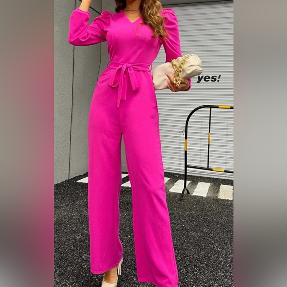 SHEIN Privé Puff Sleeve Belted Jumpsuit | Jumpsuit. Small (4)